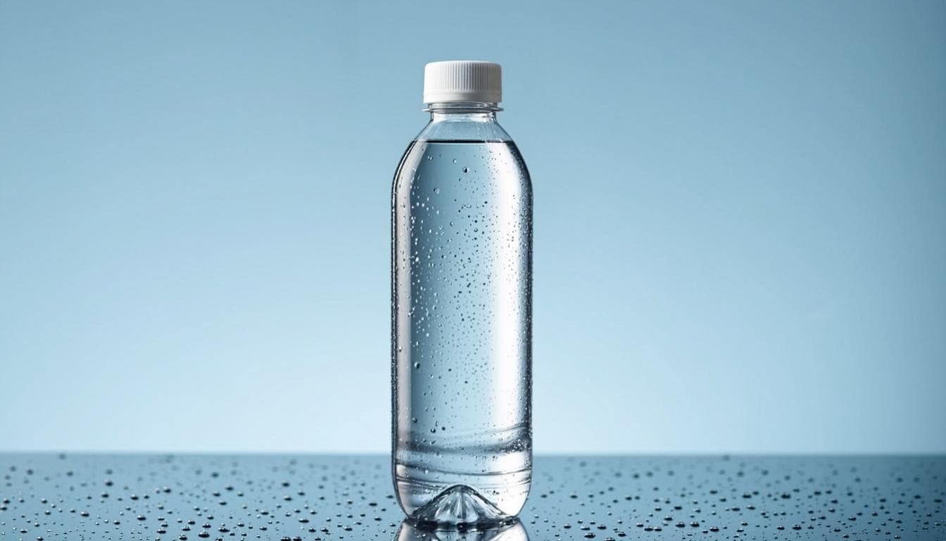 Crystal clear packaged drinking water bottle with condensation