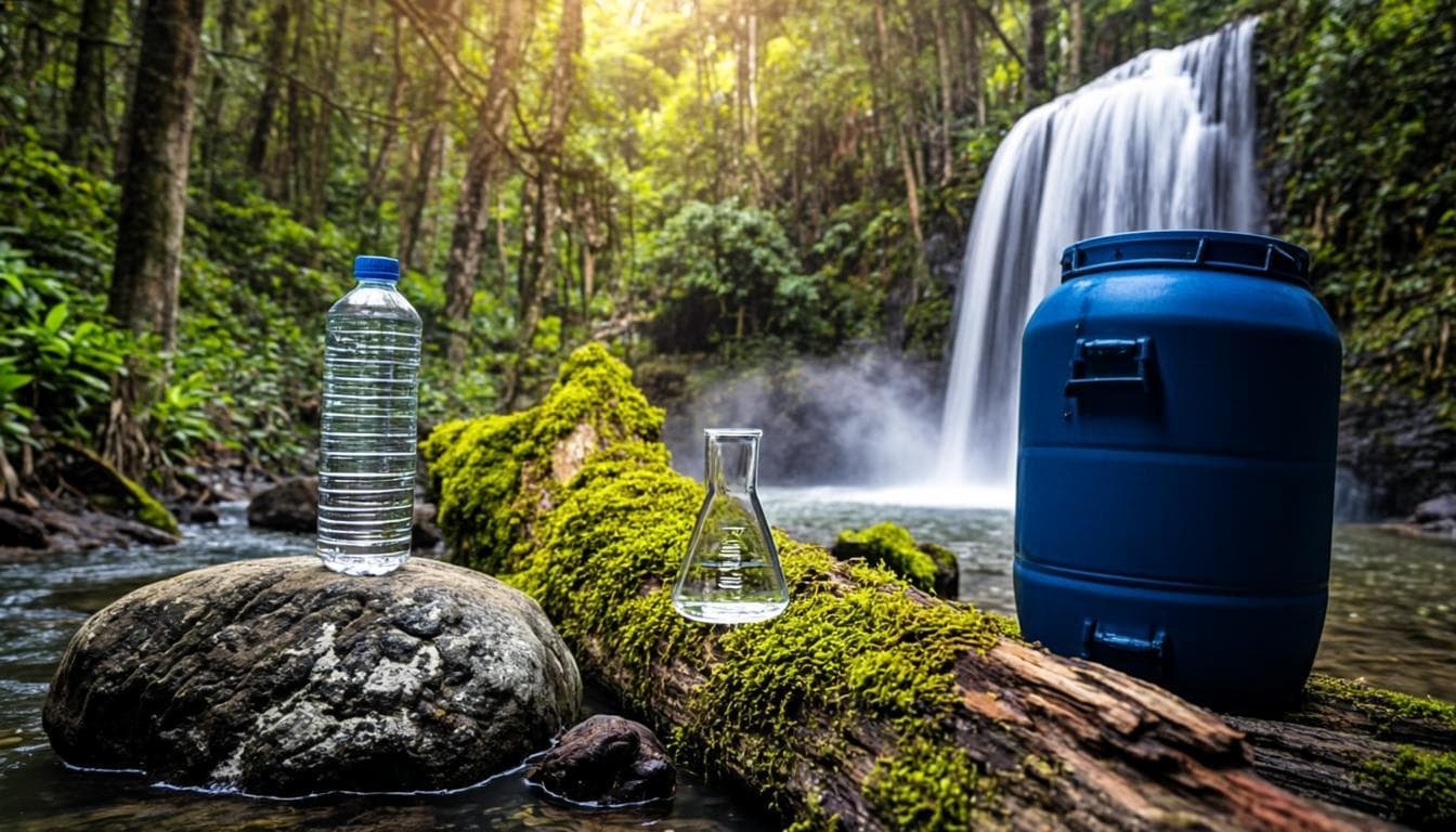 Water products in a lush forest setting